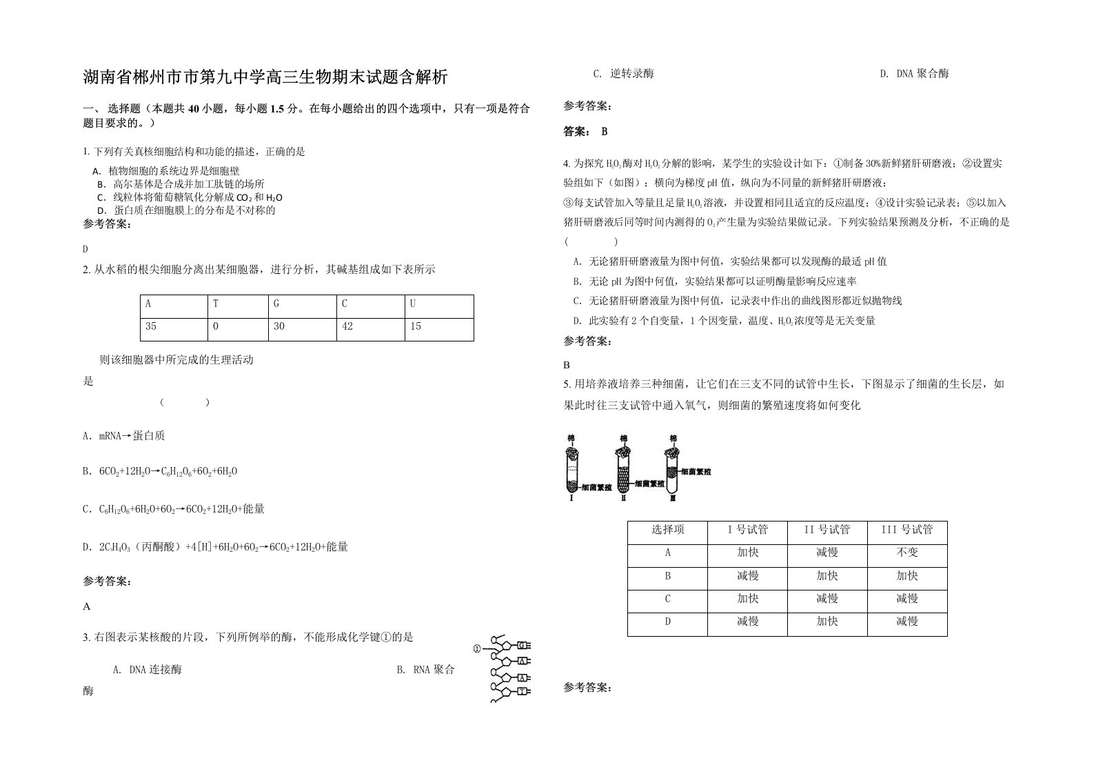 湖南省郴州市市第九中学高三生物期末试题含解析