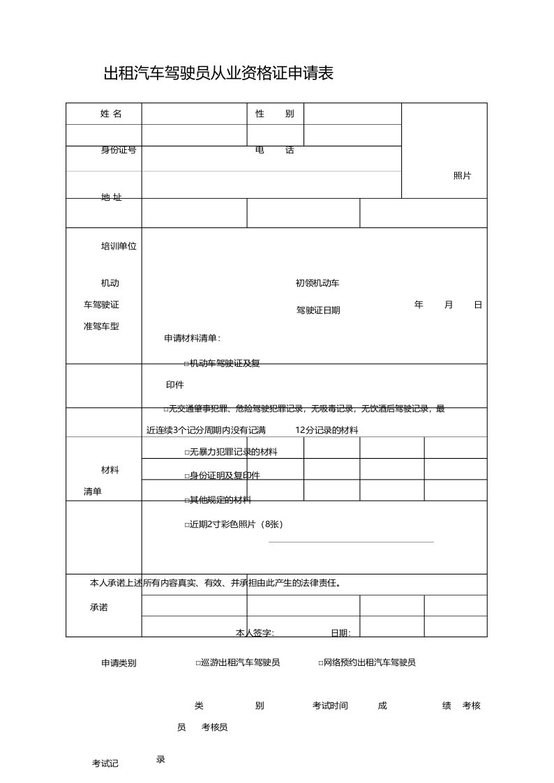 出租汽车驾驶员从业资格证申请表