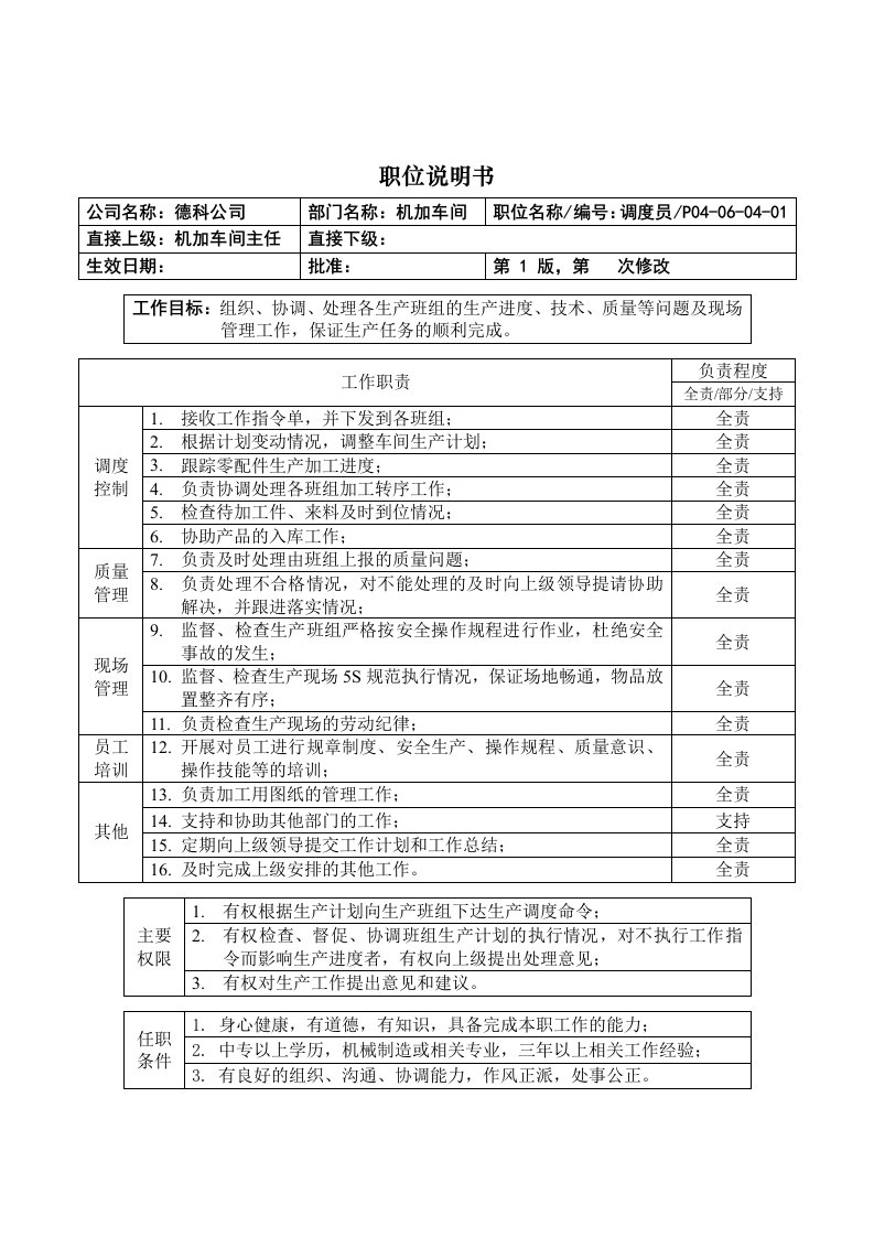 职位说明书机加调度员