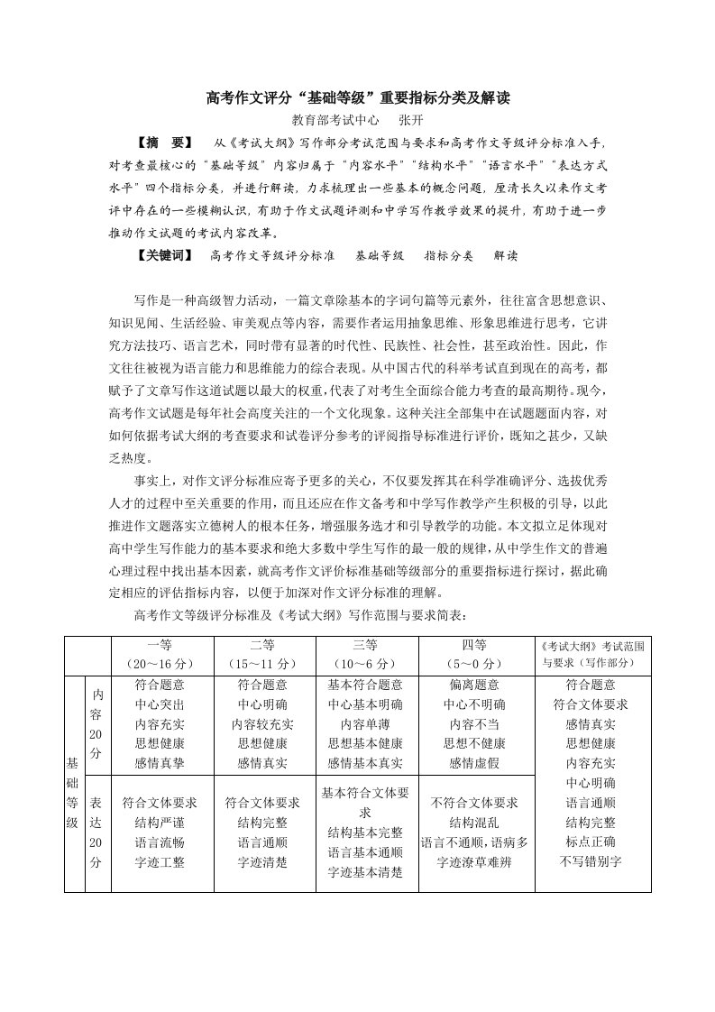 2019届高三语文高考作文评分“基础等级”重要指标分类及解读