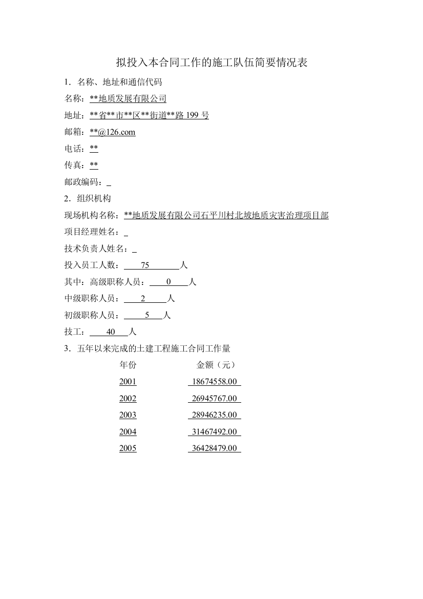 拟投入本合同工作的施工队伍简要情况表