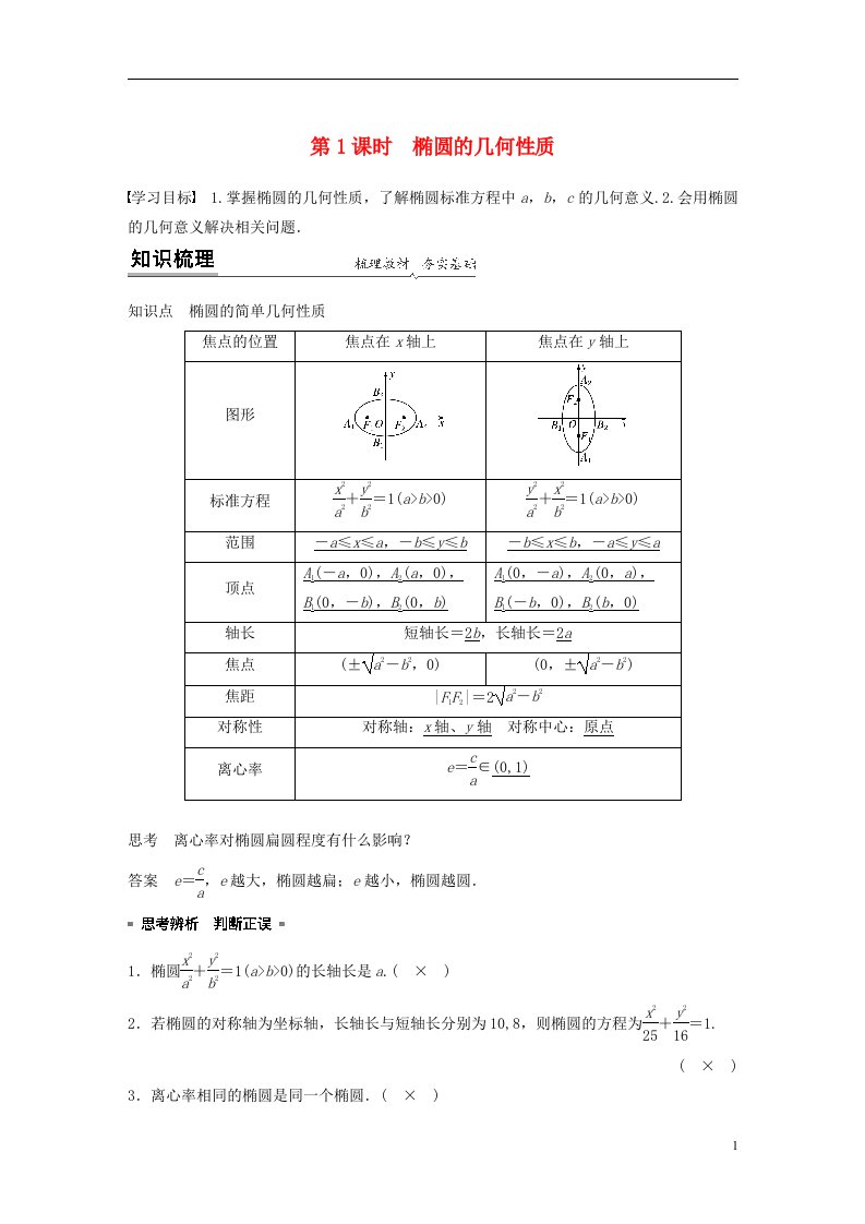 2020_2021学年新教材高考数学第三章圆锥曲线的方程1.2第1课时椭圆的几何性质练习含解析新人教A版选择性必修第一册