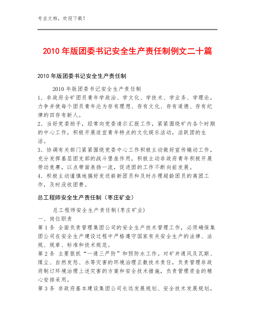 2010年版团委书记安全生产责任制例文二十篇