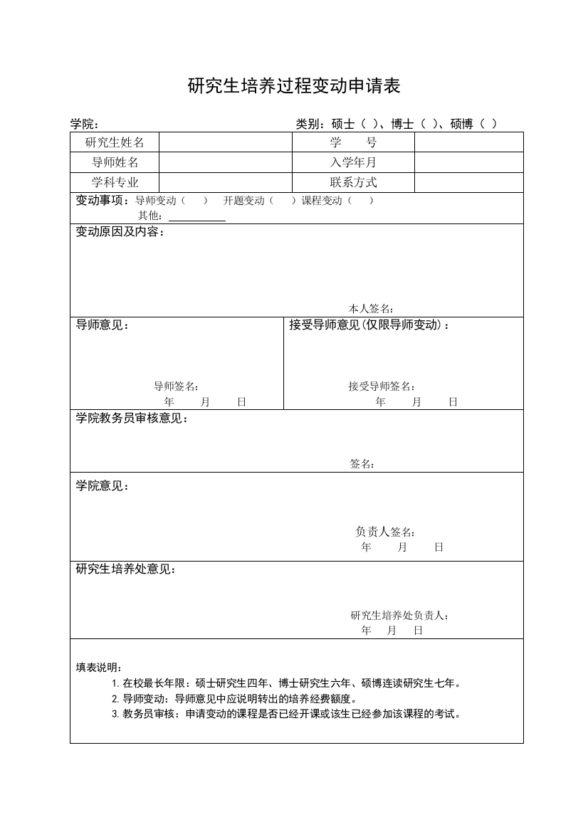 研究生培养过程变动申请表