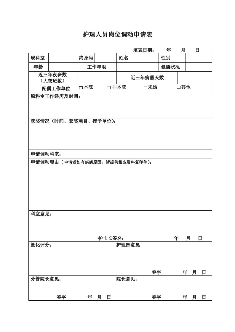 护理人员岗位调动申请表