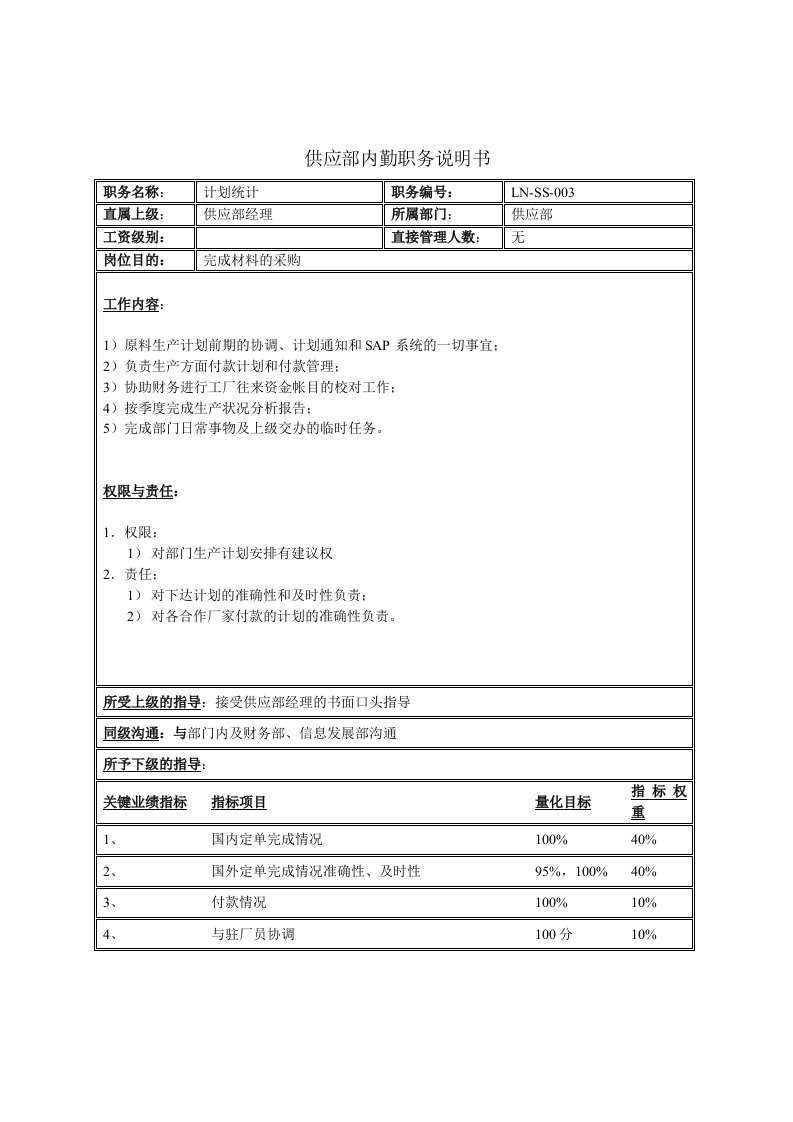 岗位职责-供应部内勤职务说明书