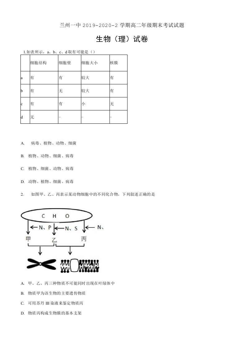 甘肃省兰州市一中2019-2020学年高二下学期期末生物（理）试题（原卷版）