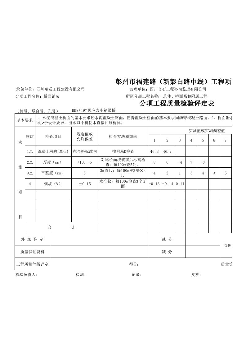 建筑工程-桥面铺装分项评定表