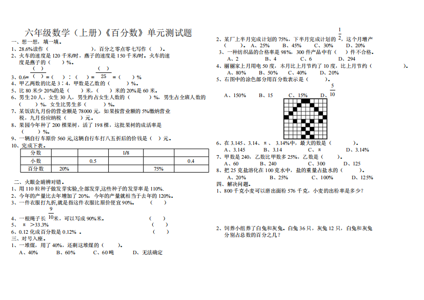 小学六年级数学上册《百分数》单元测试题共3套