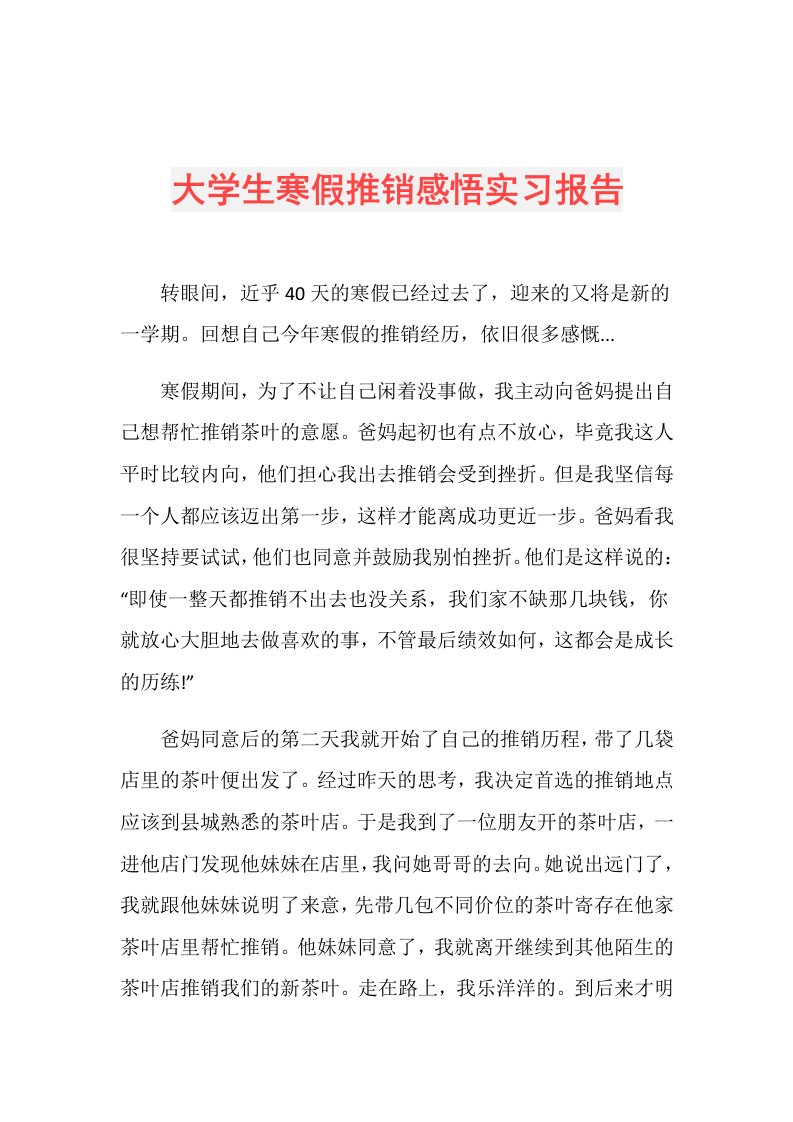 大学生寒假推销感悟实习报告