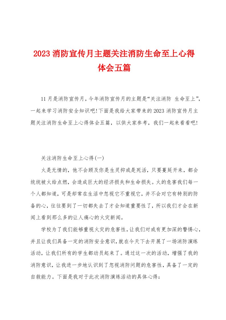 2023消防宣传月主题关注消防生命至上心得体会五篇