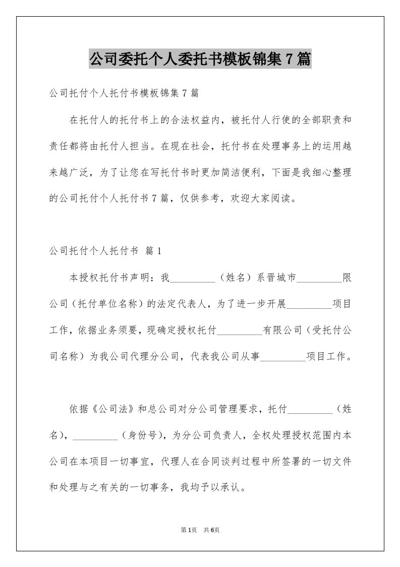 公司委托个人委托书模板锦集7篇