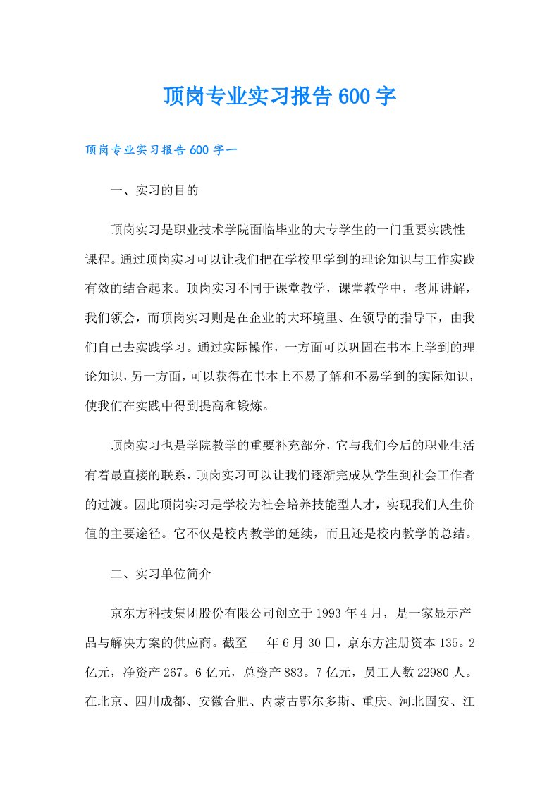 顶岗专业实习报告600字