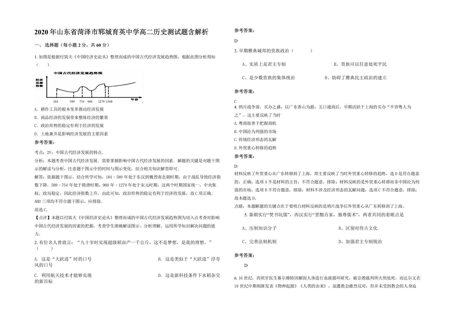 2020年山东省菏泽市郓城育英中学高二历史测试题含解析