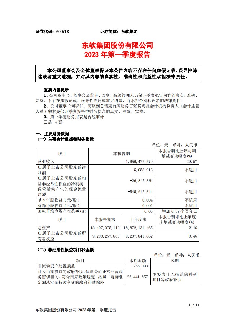 上交所-东软集团2023年第一季度报告-20230421