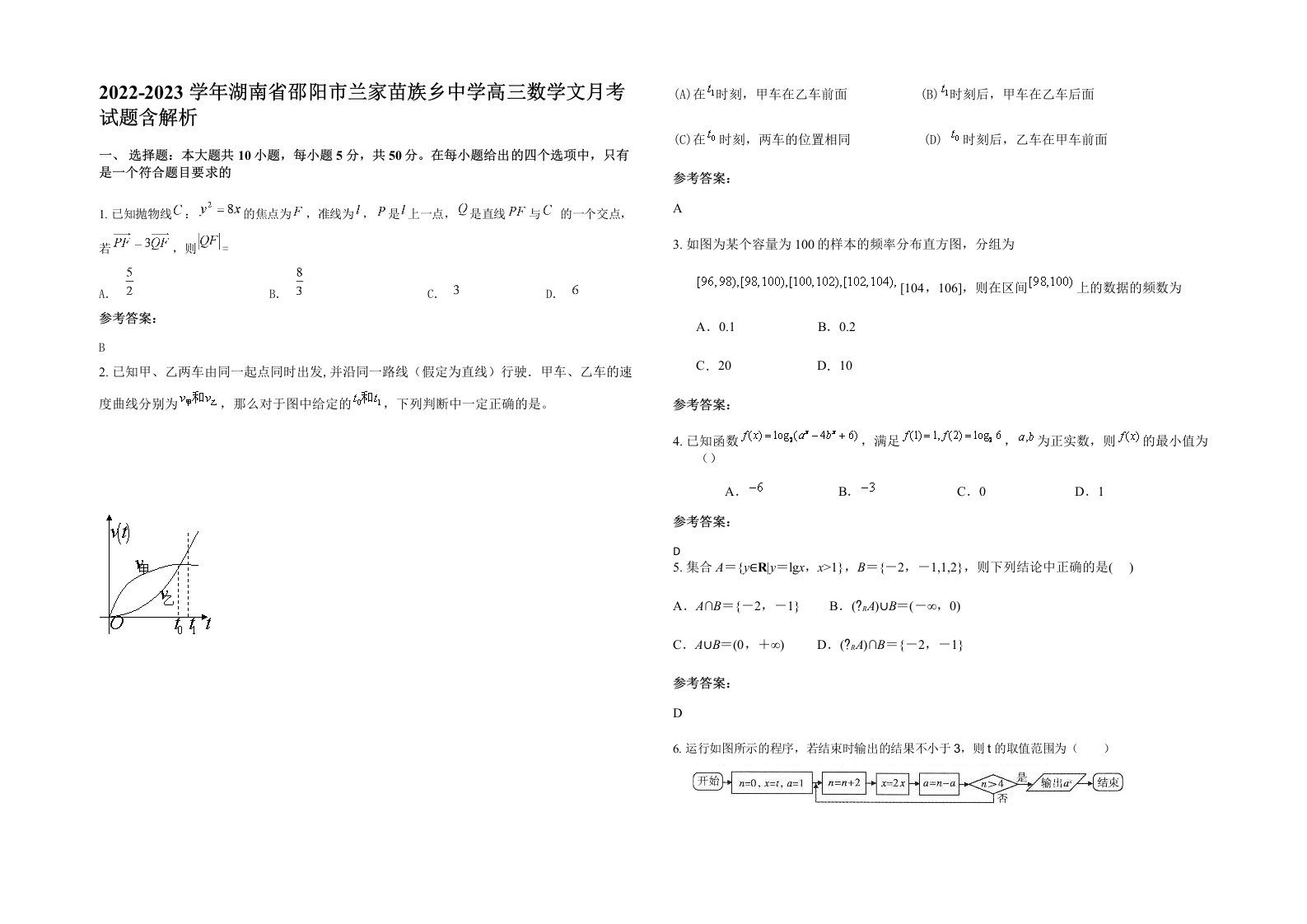 2022-2023学年湖南省邵阳市兰家苗族乡中学高三数学文月考试题含解析