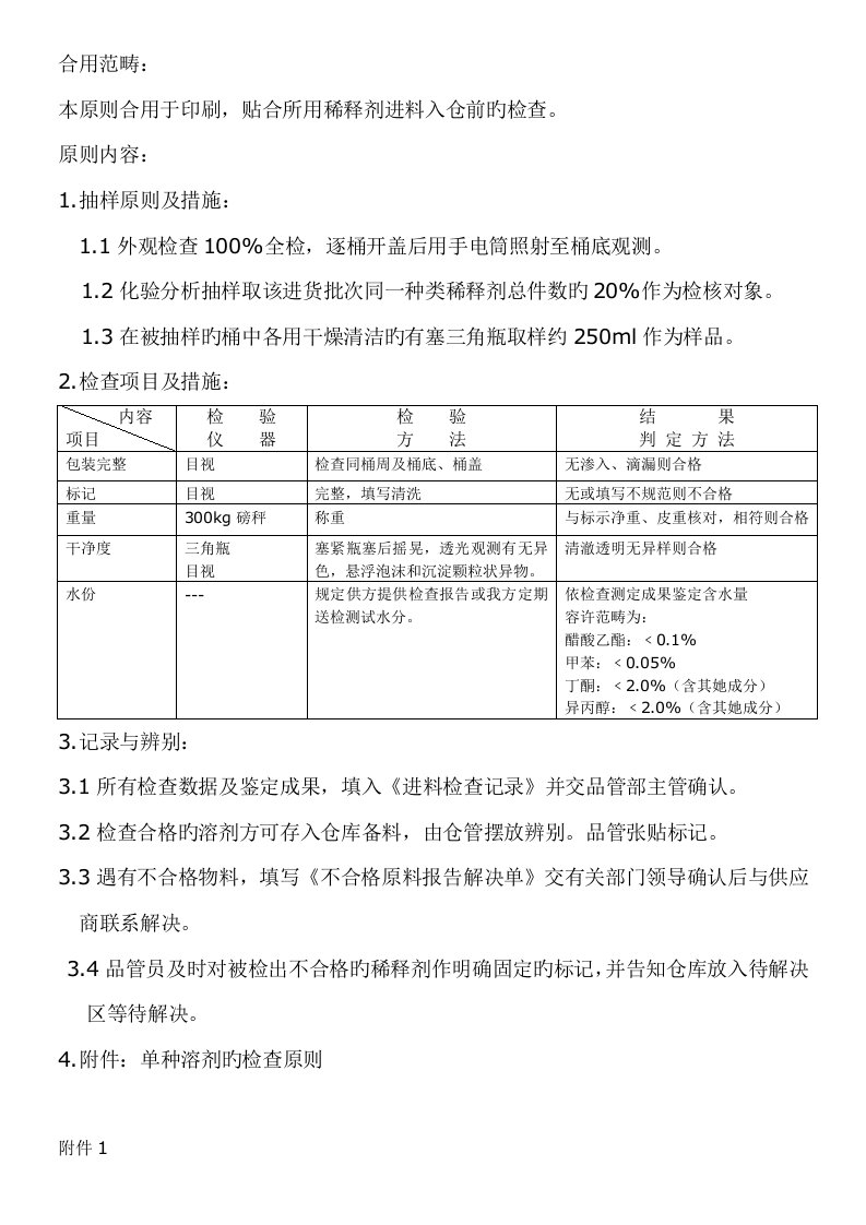 稀释剂进料检验重点标准QC