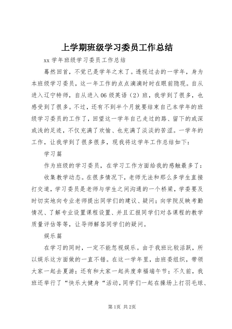 5上学期班级学习委员工作总结