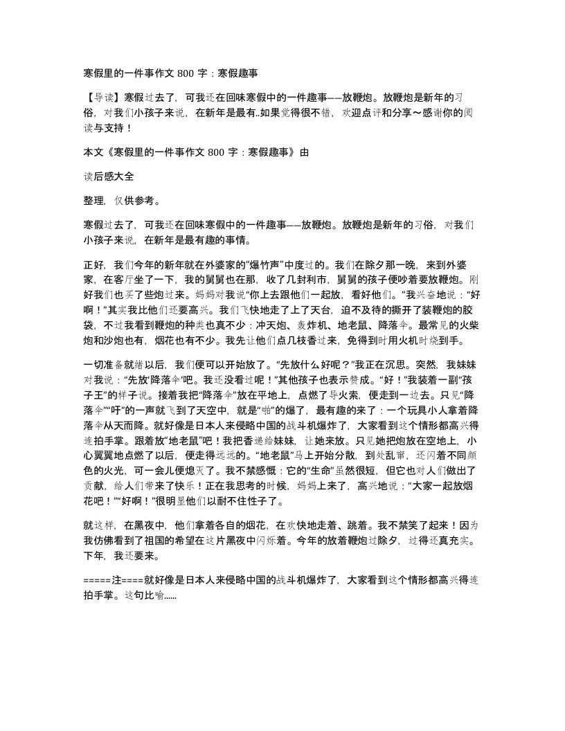 寒假里的一件事作文800字寒假趣事