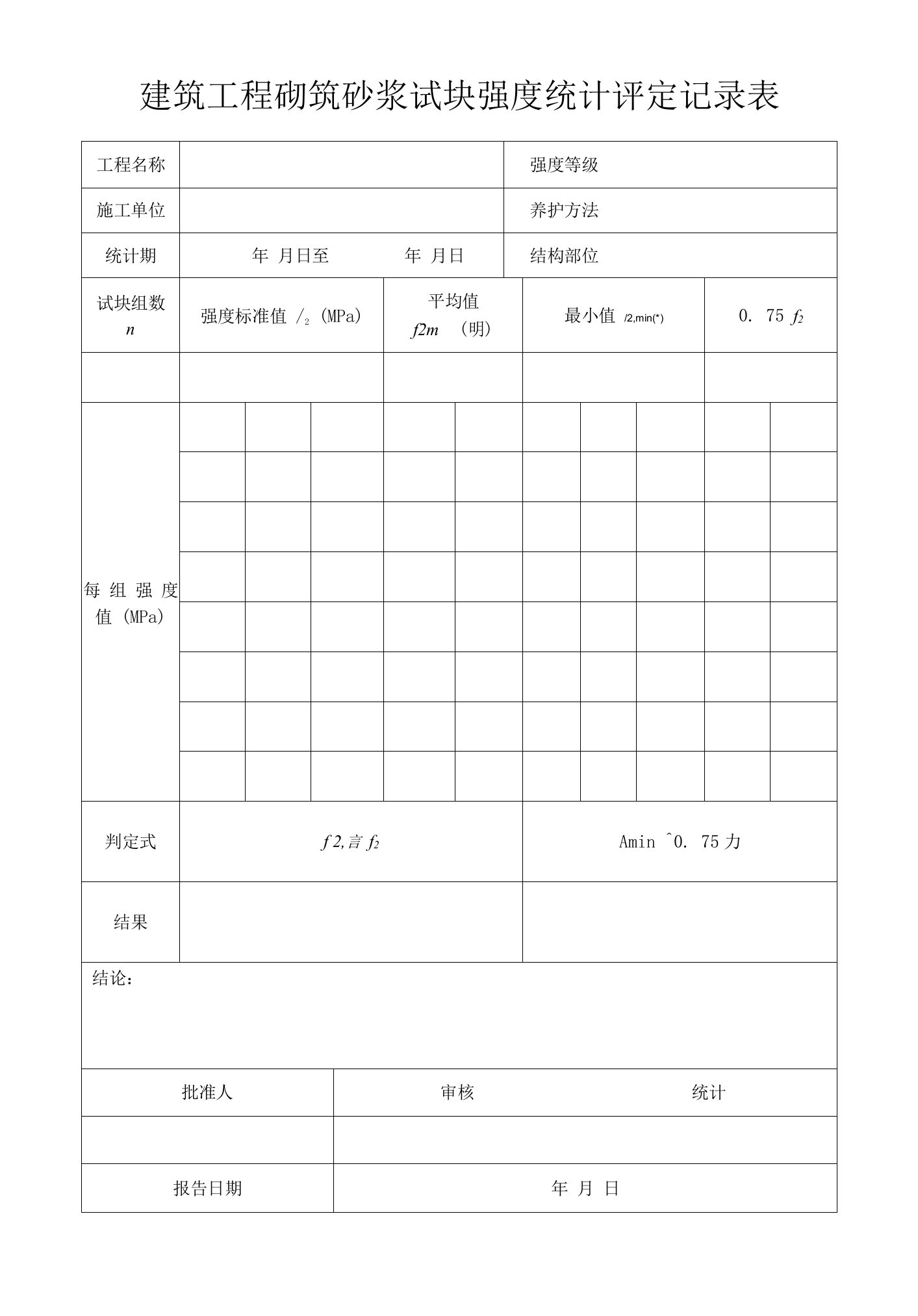 建筑工程砌筑砂浆试块强度统计评定记录表