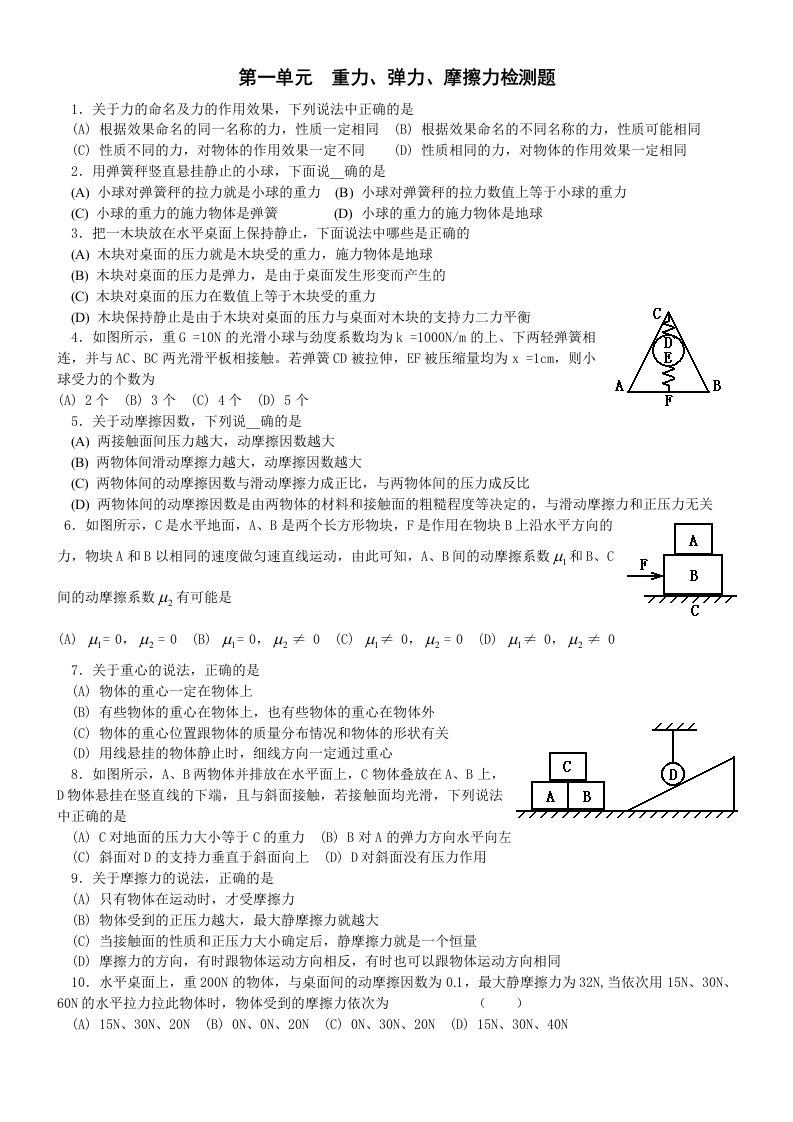 重力、弹力、摩擦力检测题