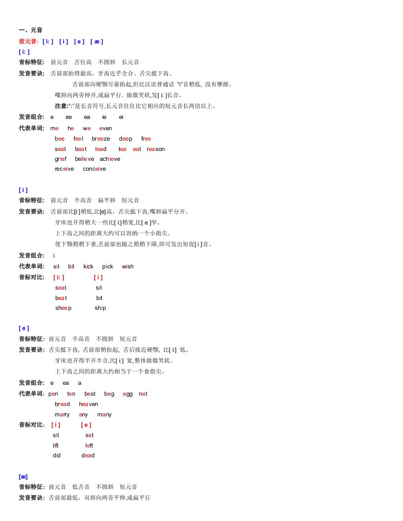 元音字母及字母组合读音