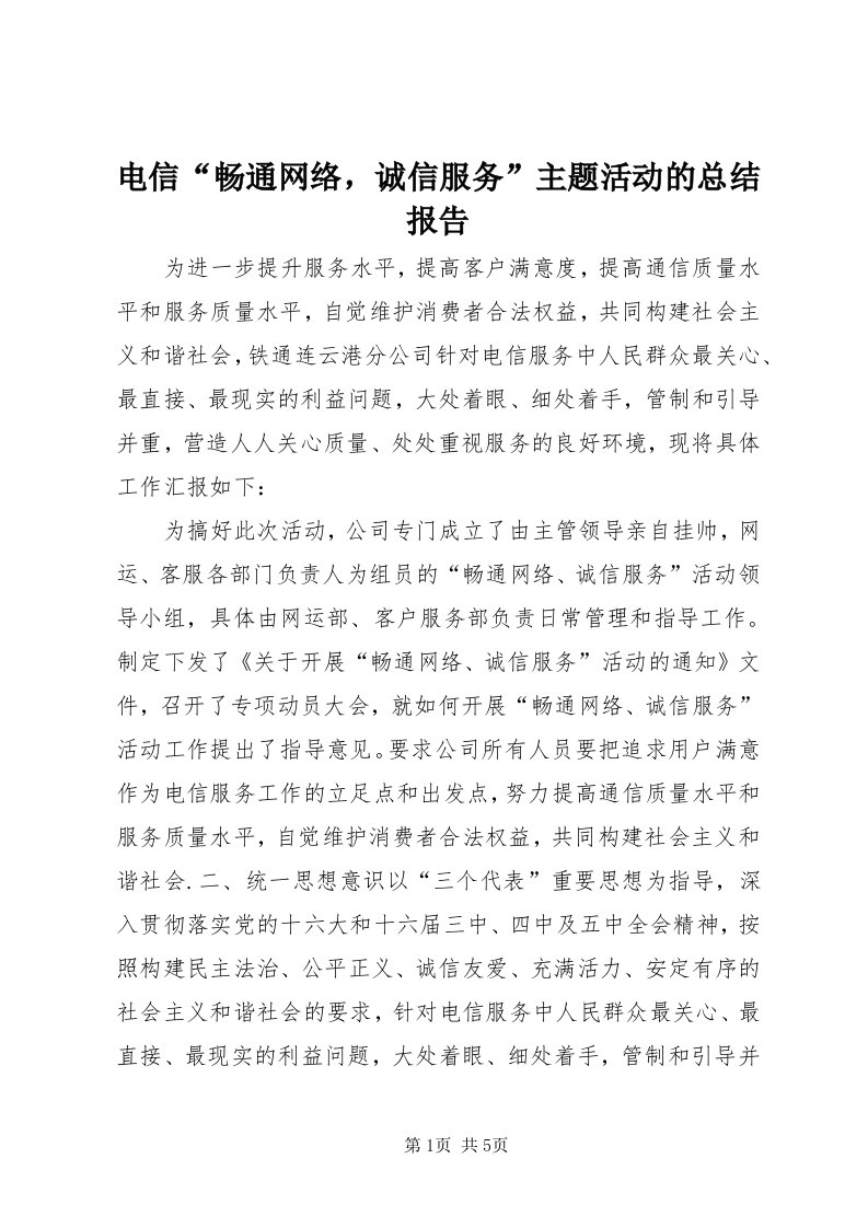 电信“畅通网络，诚信服务”主题活动的总结报告