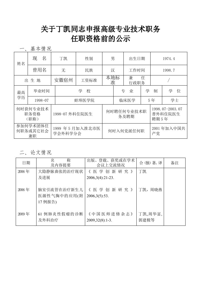 关于丁凯同志高级专业技术职务申报材料的公示doc-关于丁