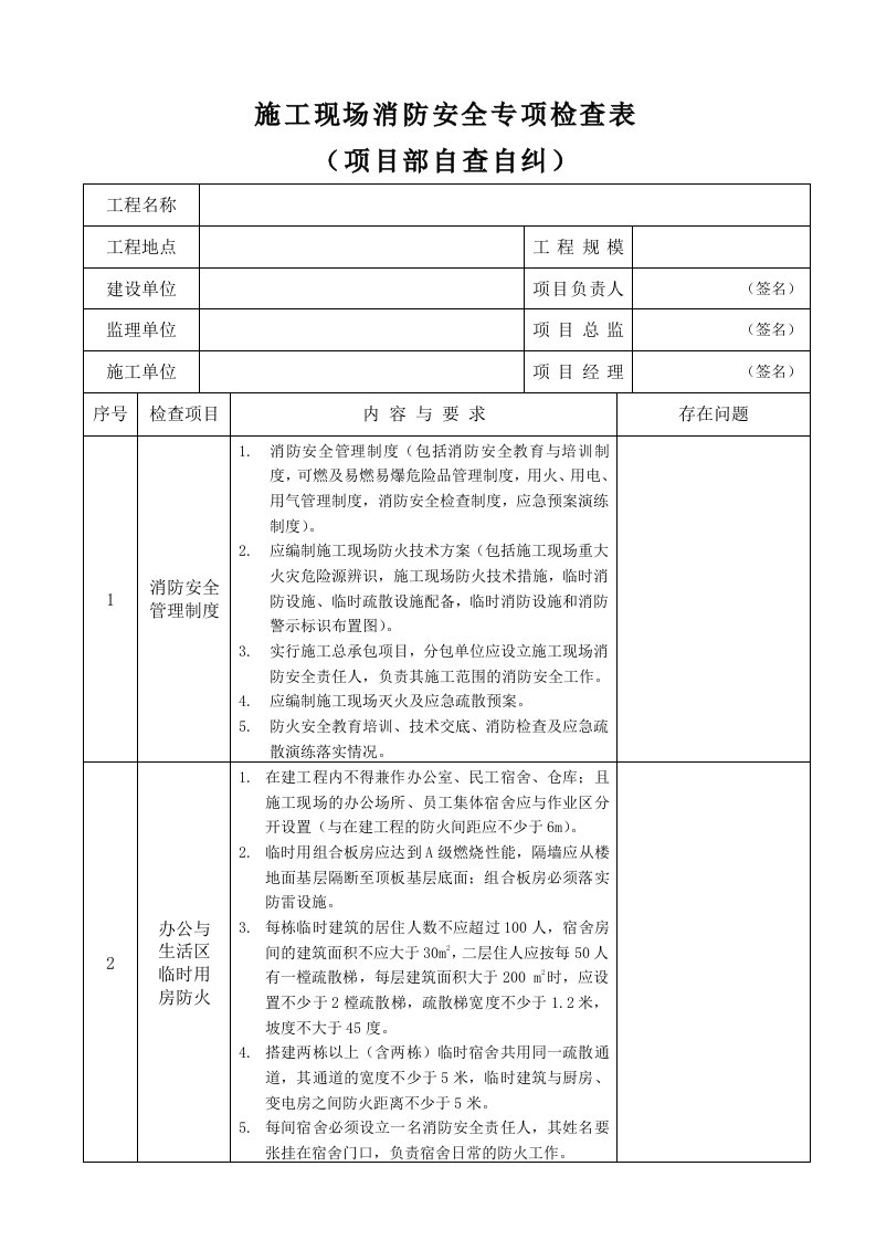 施工现场消防安全专项检查表