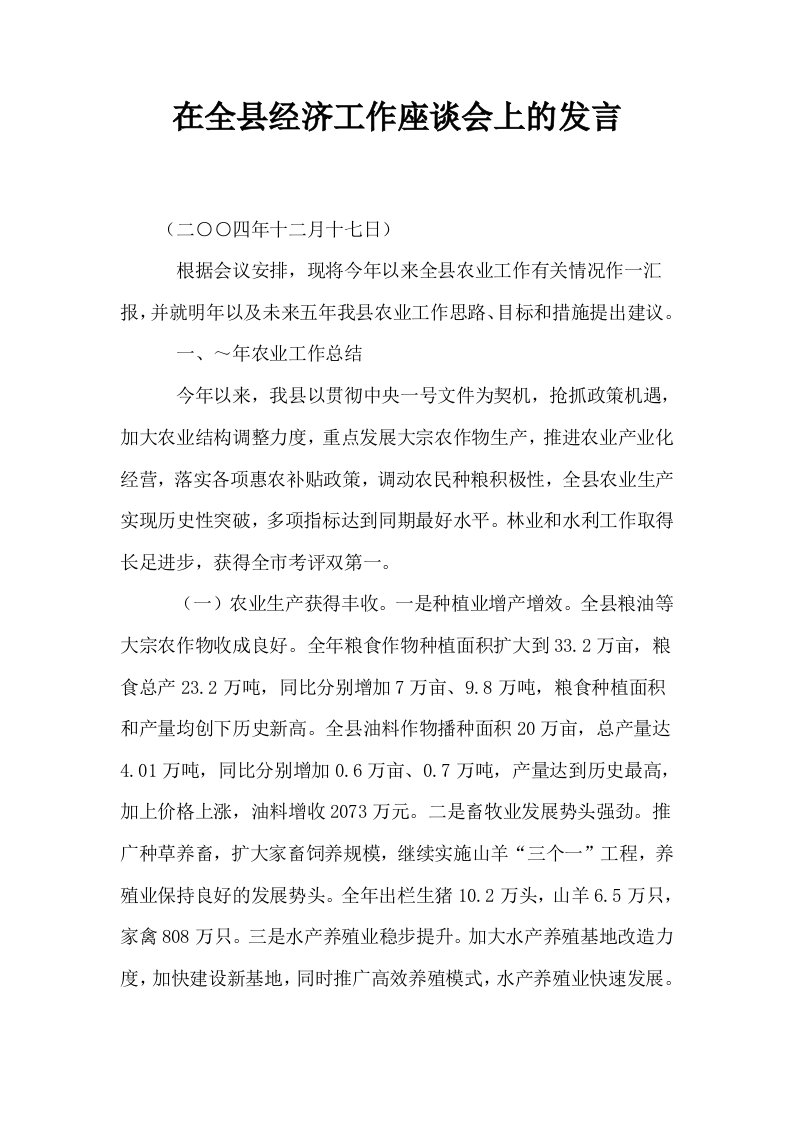 在全县经济工作座谈会上的发言