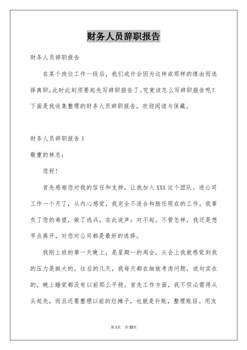 财务人员辞职报告例文2