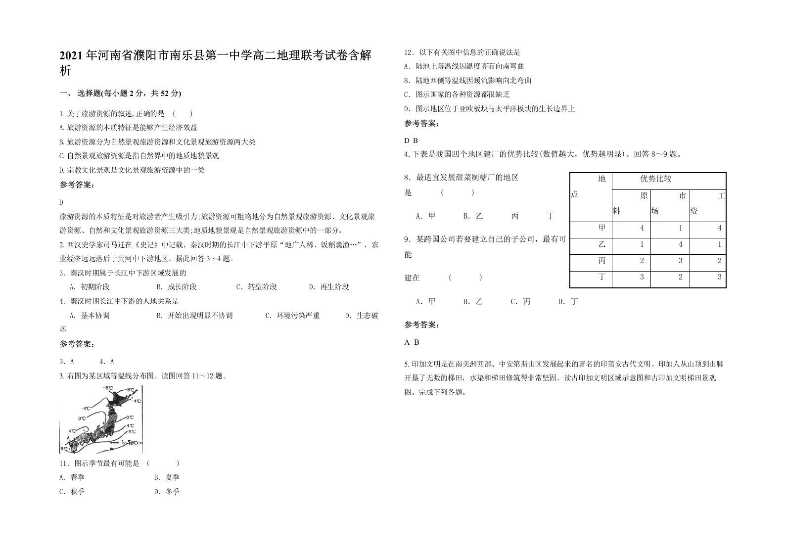 2021年河南省濮阳市南乐县第一中学高二地理联考试卷含解析