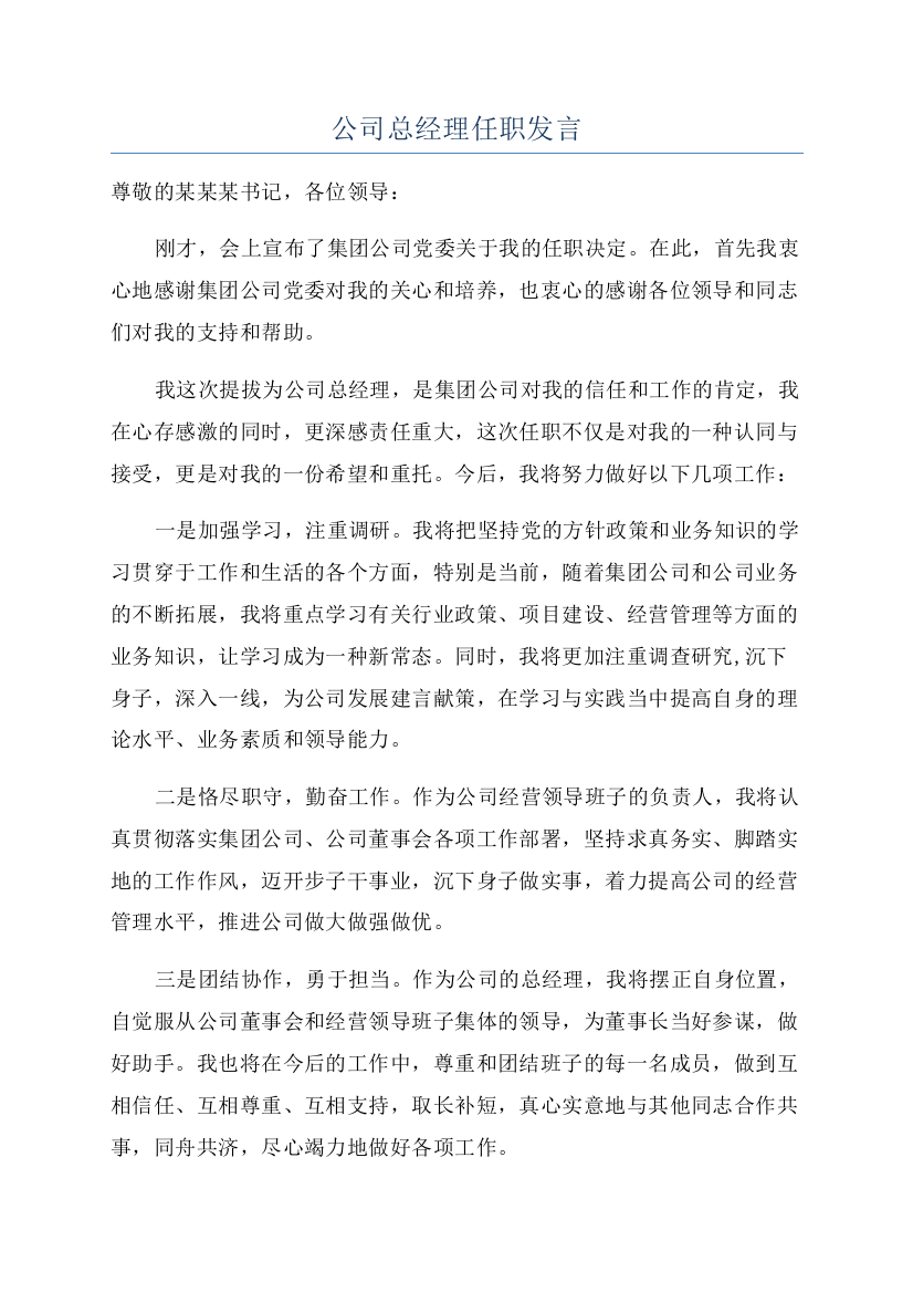 公司总经理任职发言