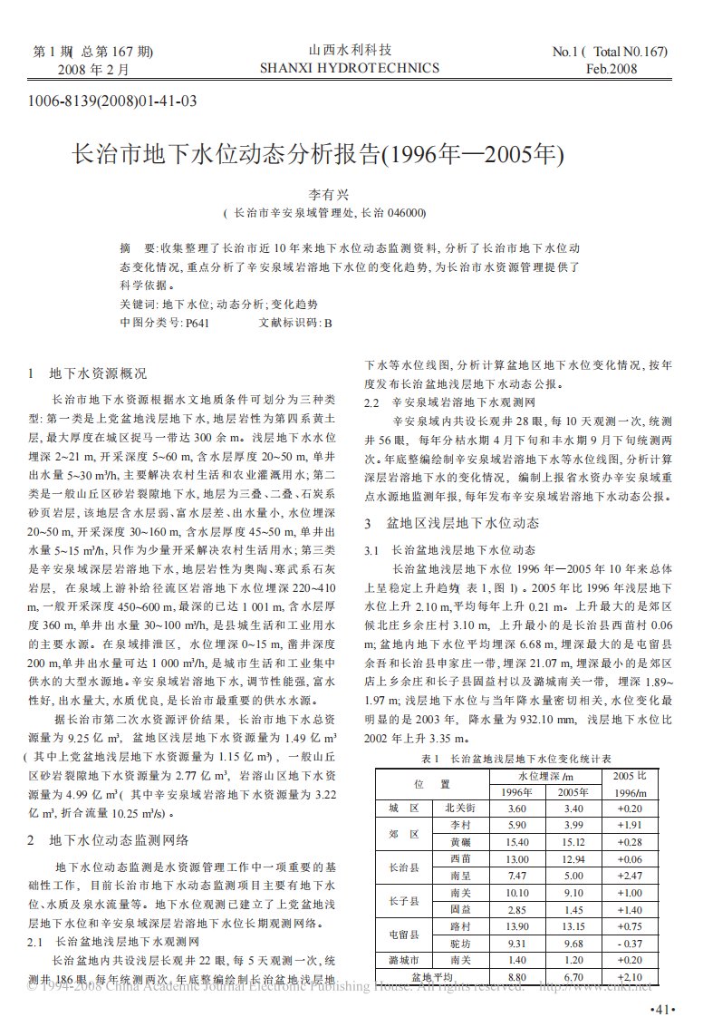 长治市地下水位动态分析报告(1996