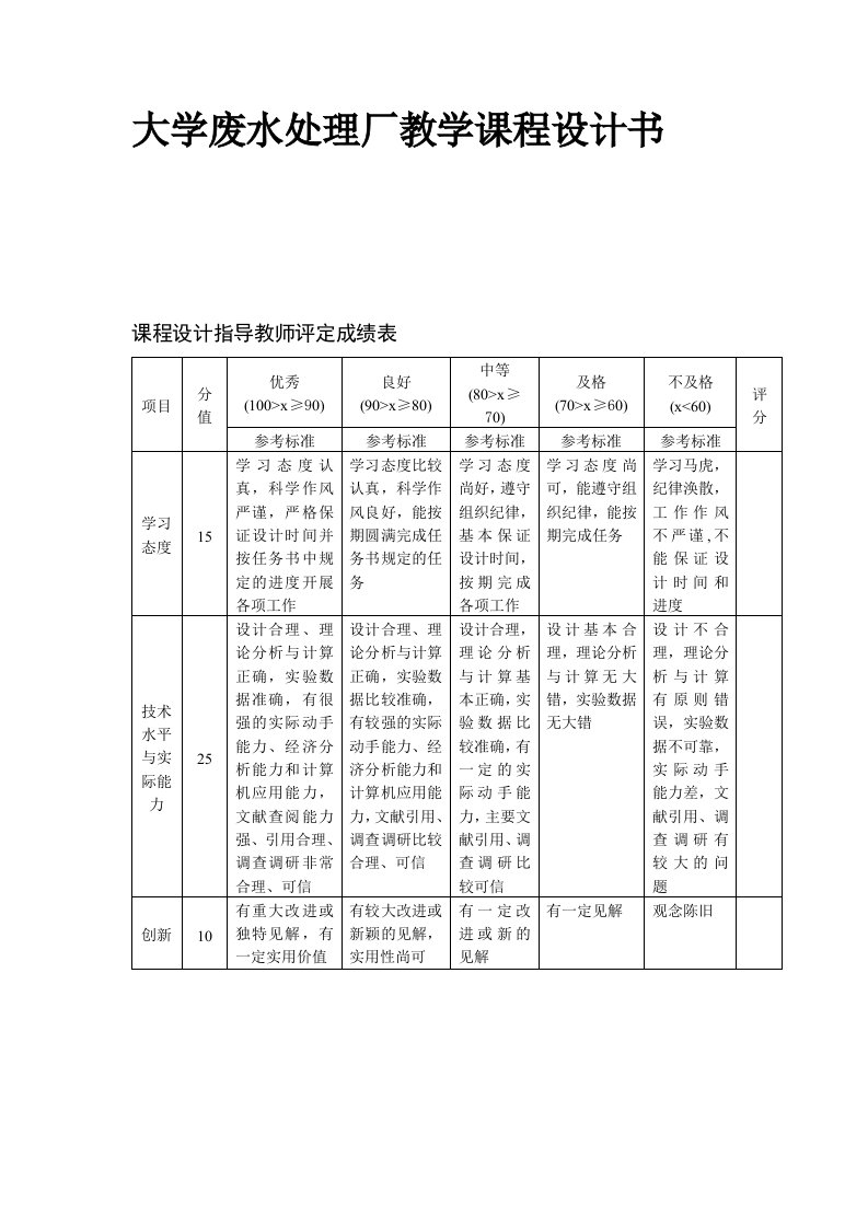 大学废水处理厂教学课程设计书