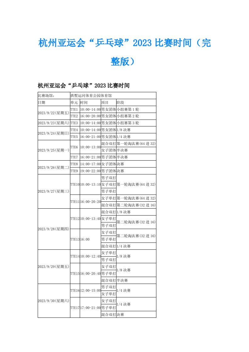 杭州亚运会“乒乓球”2023比赛时间（完整版）