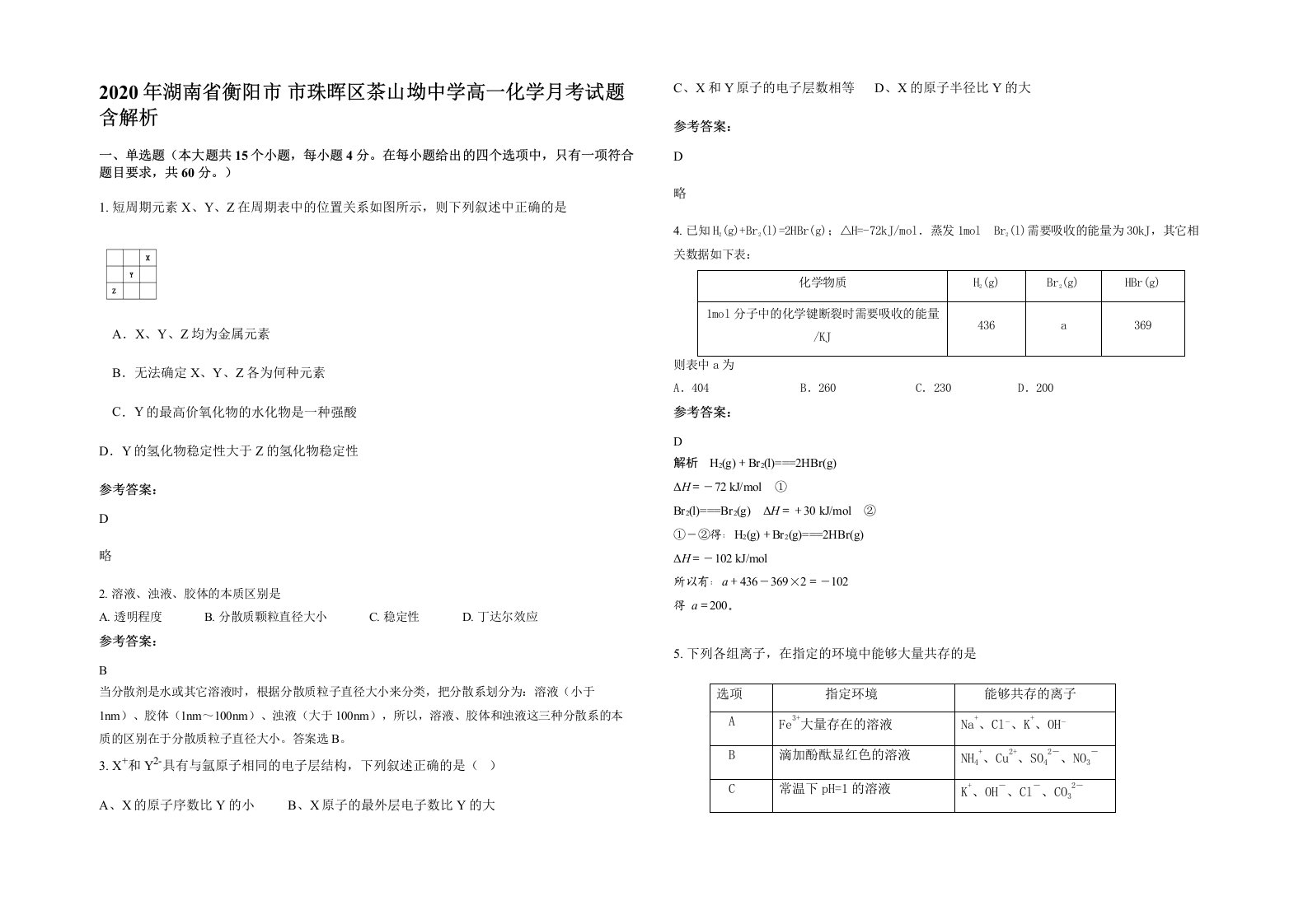 2020年湖南省衡阳市市珠晖区茶山坳中学高一化学月考试题含解析