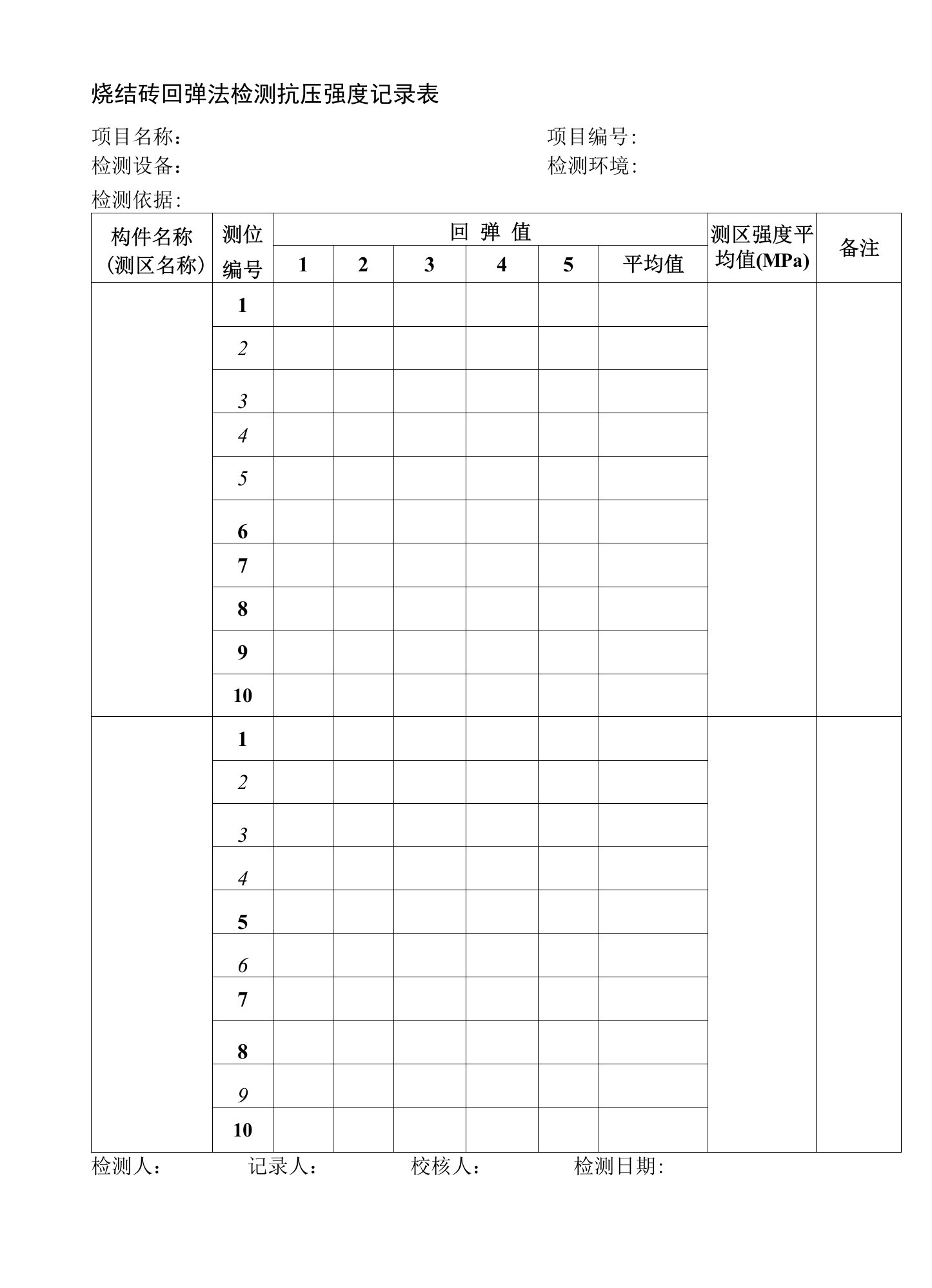 烧结砖回弹法检测抗压强度记录表