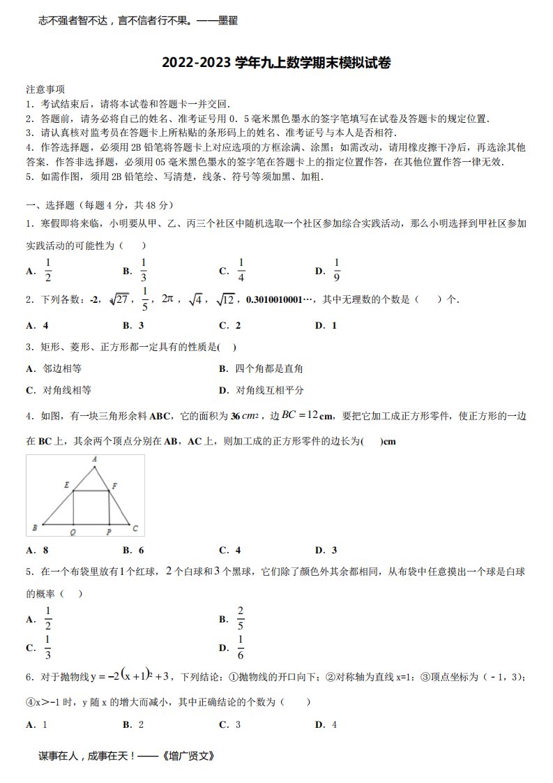 2022-2023学年湖北省武汉市洪山区东湖开发区数学九年级第一学期期末质量检测试题含解析