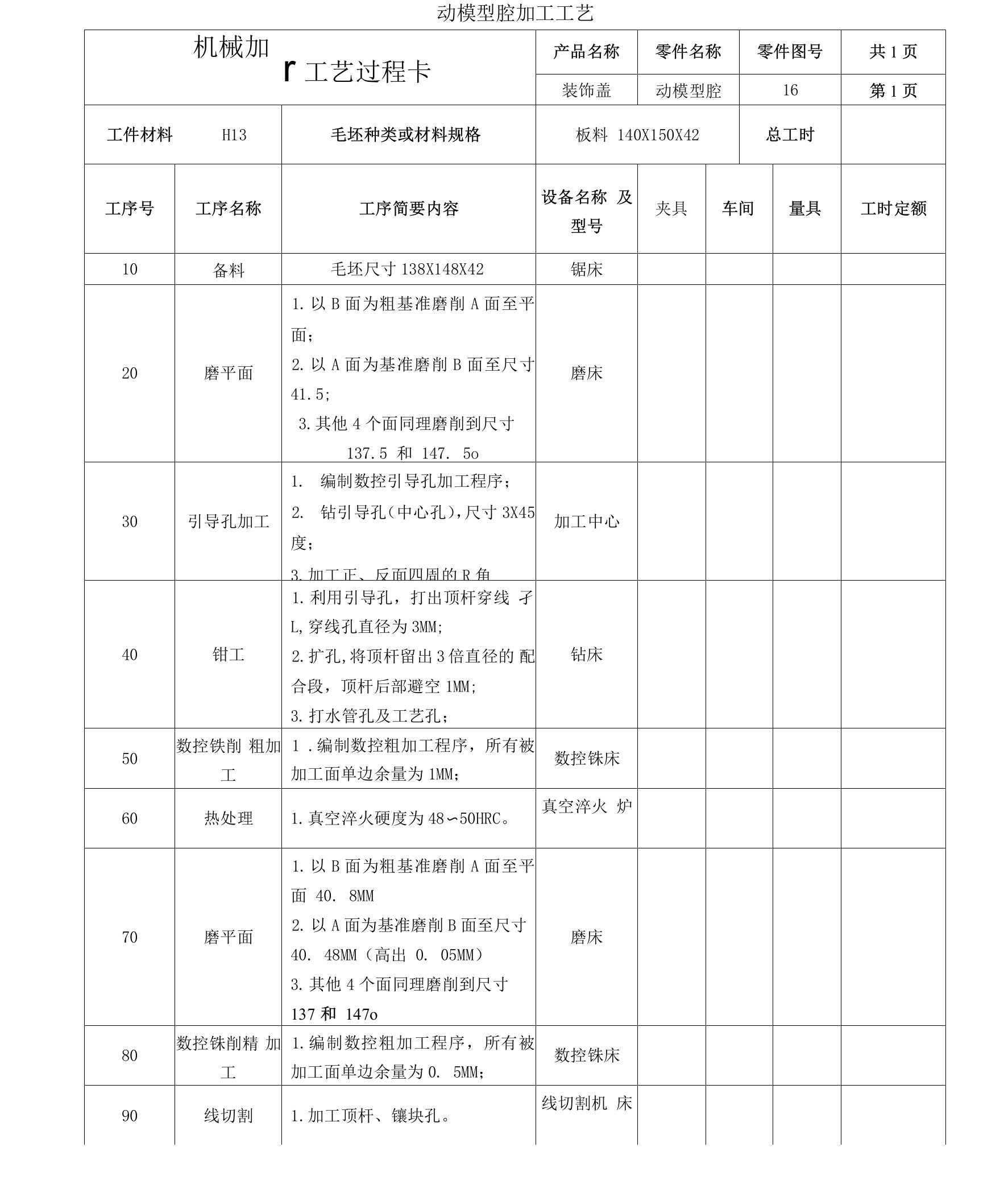 动模型腔机械加工工艺卡