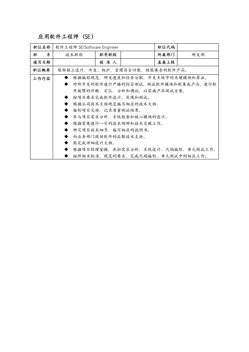 岗位职责-某it企业应用软件工程师SE岗位职责