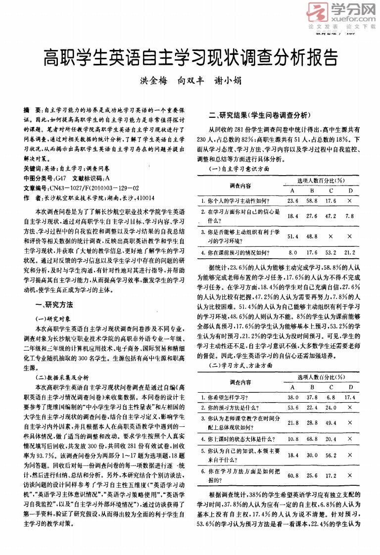 高职学生英语自主学习现状调查分析报告（精选）