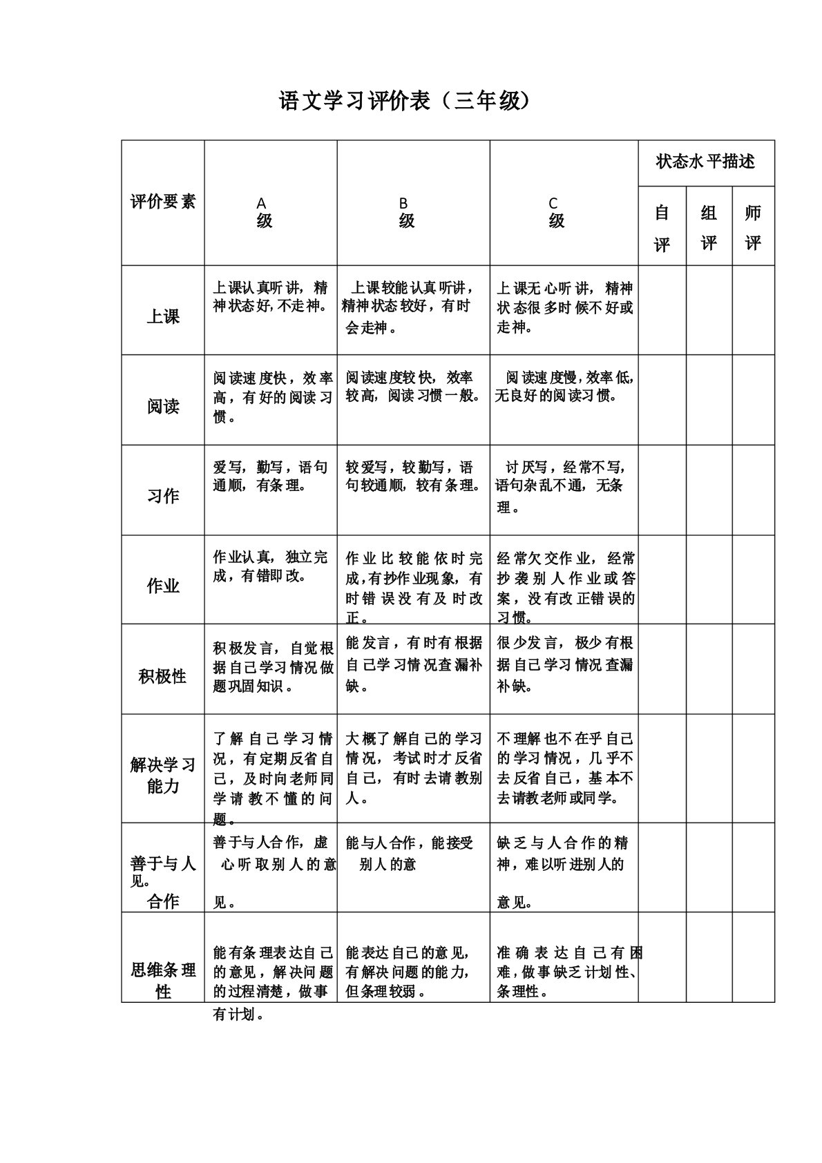 小学生学科学习评价表