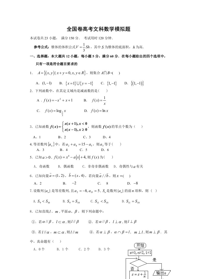 全国卷高考文科数学模拟题