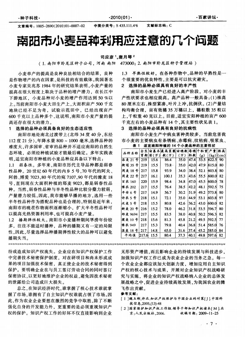 南阳市小麦品种利用应注意的几个问题.pdf