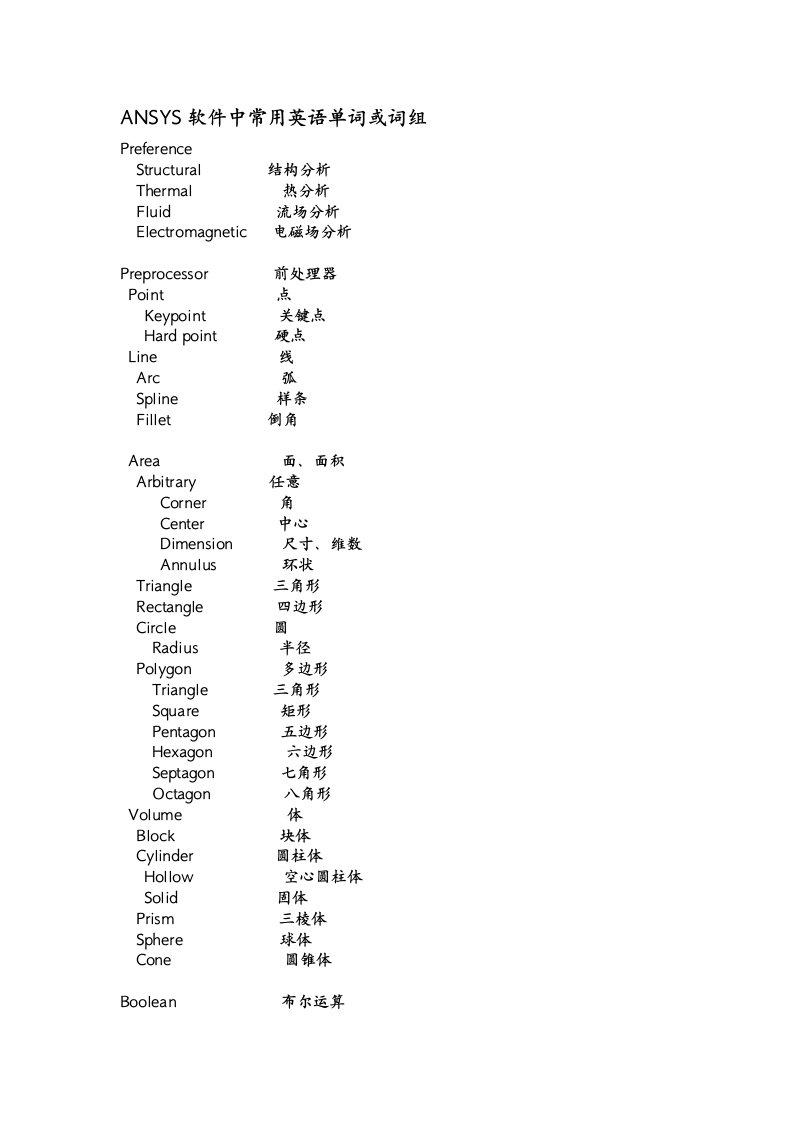 ANSYS软件中常用英语单词或词组