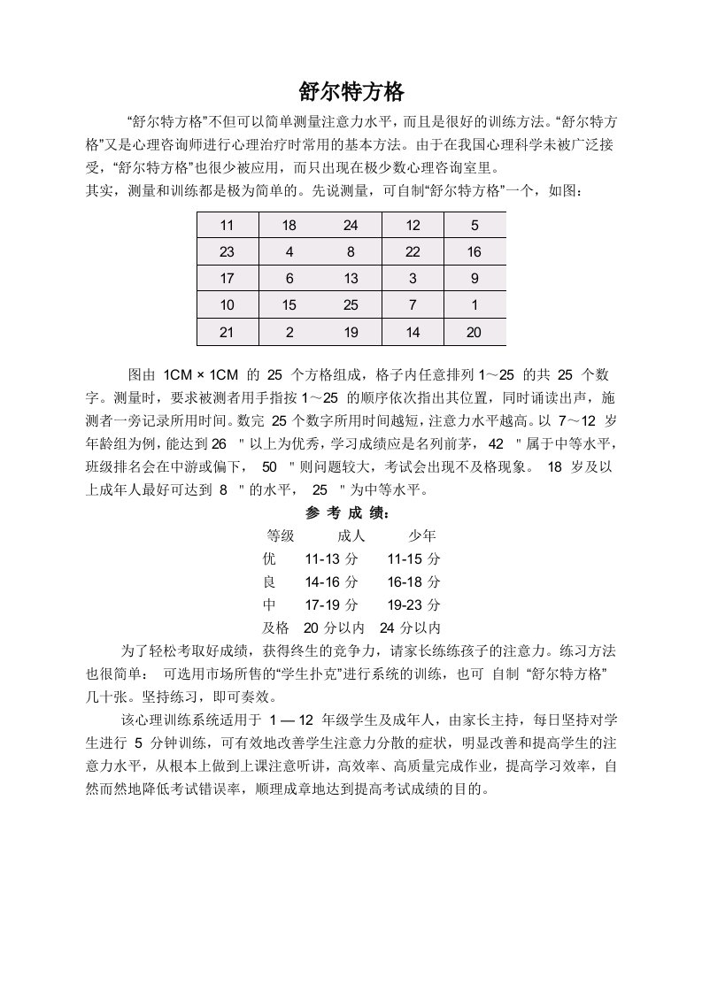 儿童注意力训练之舒尔特方格