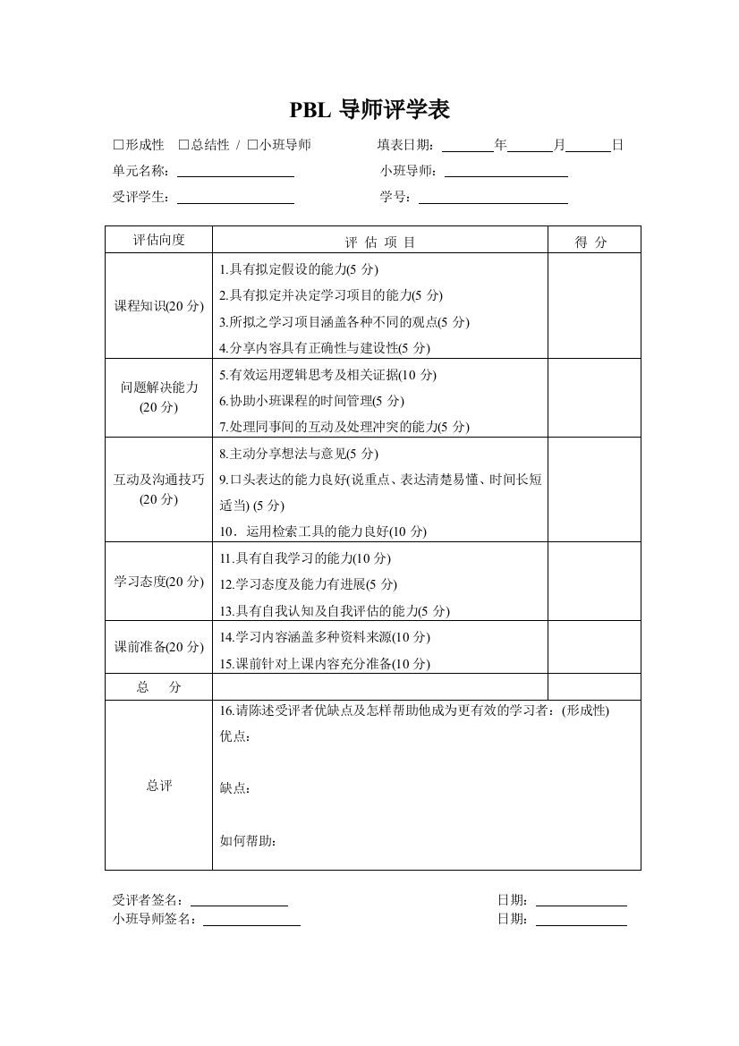 (完整word版)PBL教学各种评学、评教表格