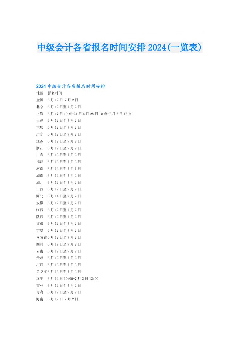 中级会计各省报名时间安排2024(一览表)