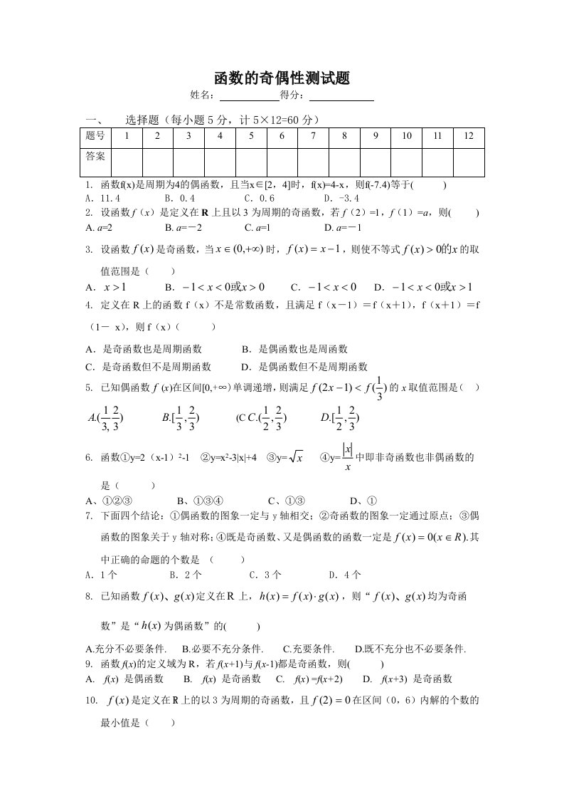 函数的奇偶性测试题